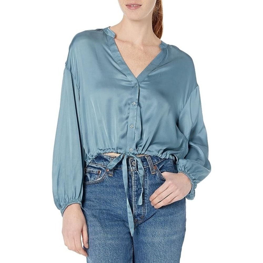 GUESS Womens Long Sleeve Sasha Top Button Up Blouse Sz L Cyclone Blue Tie $89 - Picture 2 of 15
